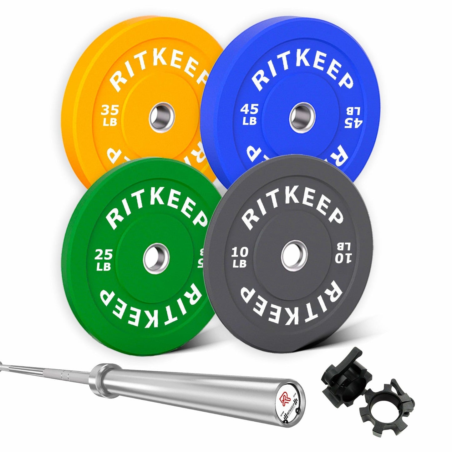 230/340 LB 2" Colored Bumper Weight Plate Set & Olympic Barbell Package