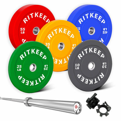 230/340 LB 2" Colored Bumper Weight Plate Set & Olympic Barbell Package